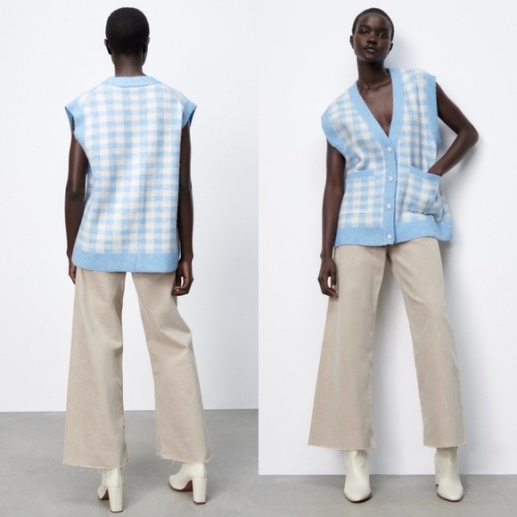 ZARA BLOGGER’S Favourite PLAID CHECK KNIT VEST With RHINESTONE BUTTONS S - Picture 2 of 16